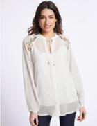 Marks & Spencer Embroidered Tie Front Long Sleeve Blouse Ivory Mix