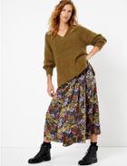 Marks & Spencer Satin Floral Print Pleated Midi Skirt Navy Mix
