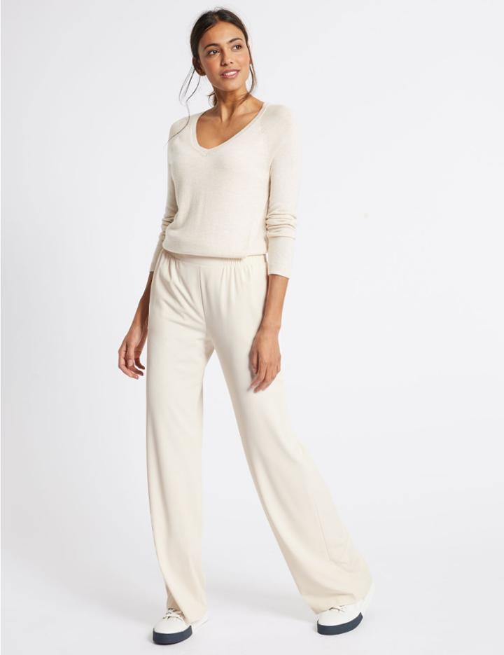 Marks & Spencer Elastic Waist Wide Leg Trousers Ivory