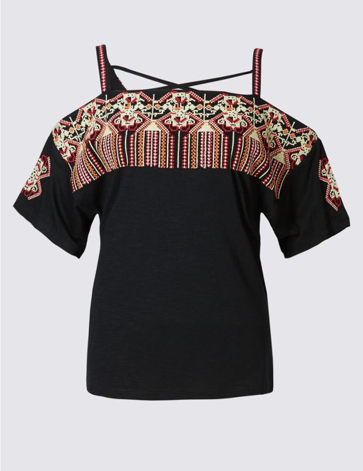 Marks & Spencer Embroidered Cold Shoulder Gypsy Top Black Mix