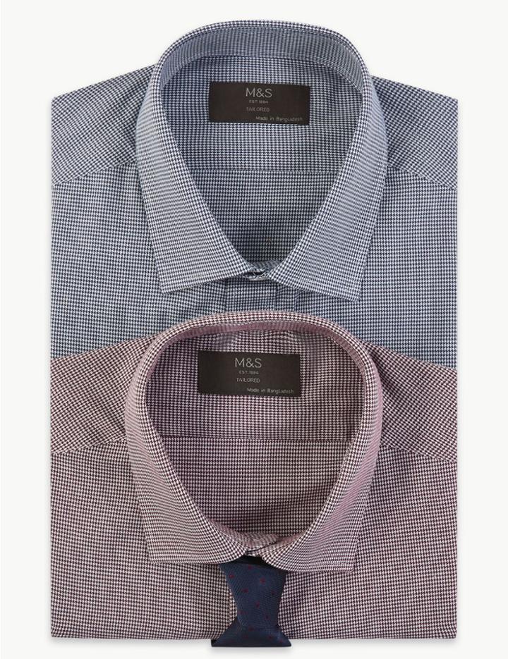 Marks & Spencer 2 Pack Cotton Blend Tailored Shirts With Tie Burgundy Mix