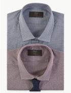 Marks & Spencer 2 Pack Cotton Blend Tailored Shirts With Tie Burgundy Mix