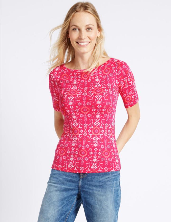 Marks & Spencer Pure Cotton Floral Print T-shirt Bright Pink Mix