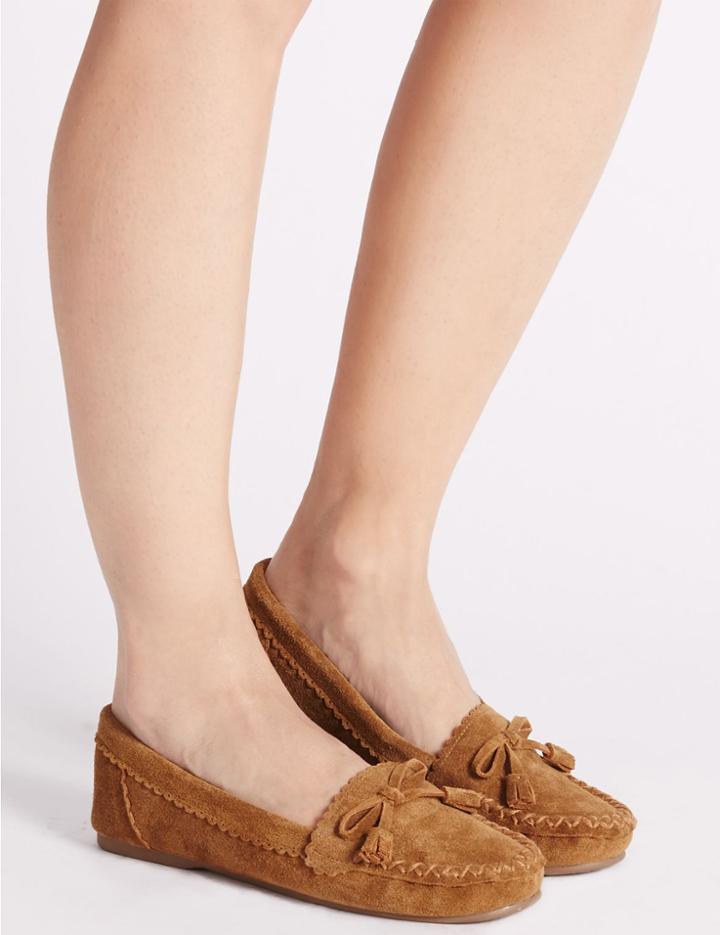 Marks & Spencer Suede Moccasin Slippers With Stain Away&trade; Tan
