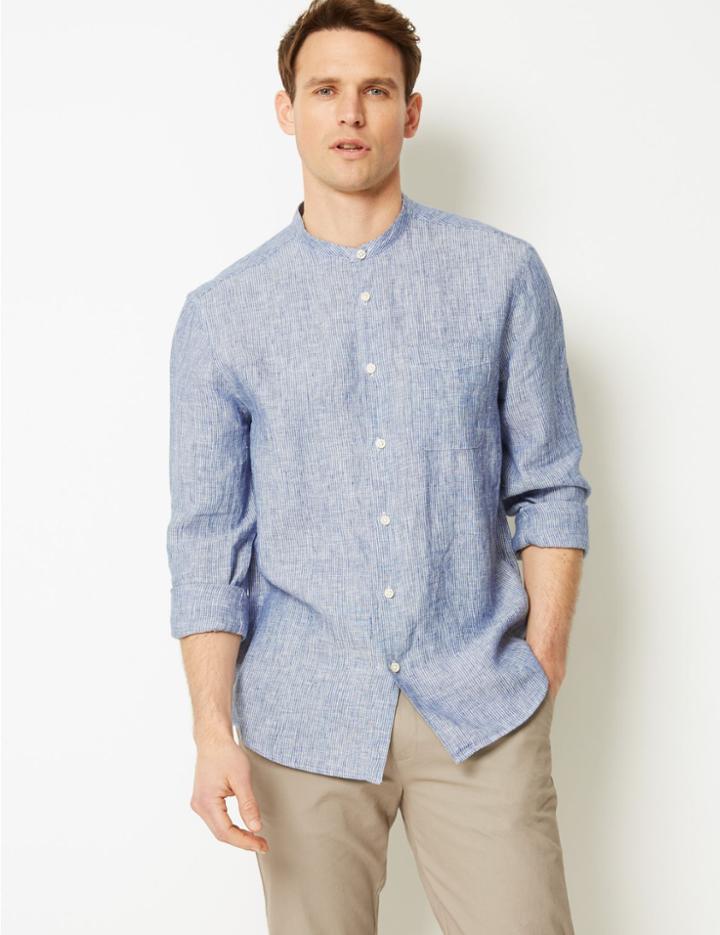 Marks & Spencer Pure Linen Striped Grandad Shirt Chambray