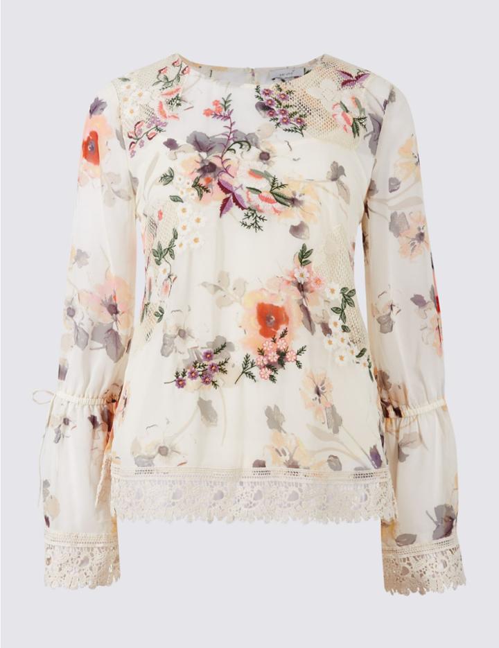 Marks & Spencer Floral Print Round Neck Long Sleeve Blouse Pink Mix