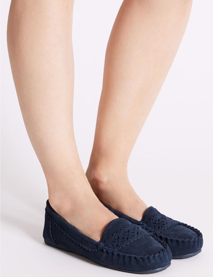 Marks & Spencer Suede Laser Detail Moccasin Slippers Navy