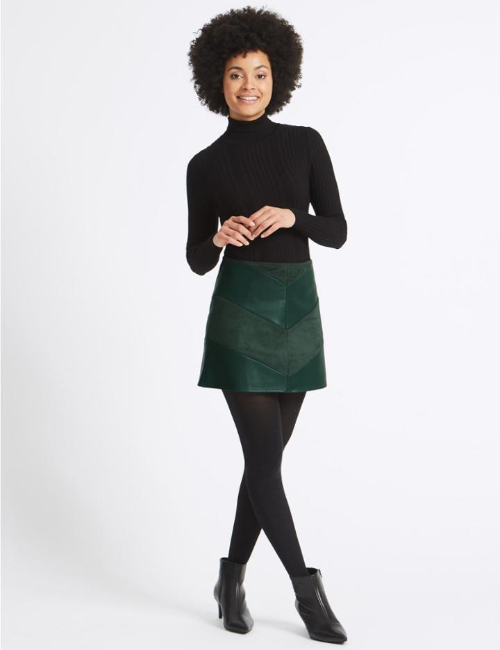 Marks & Spencer Faux Leather Chevron A-line Mini Skirt Khaki
