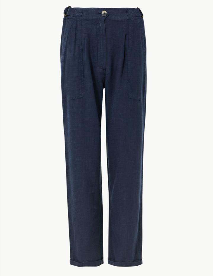 Marks & Spencer Linen Blend Ankle Grazer Peg Trousers Navy