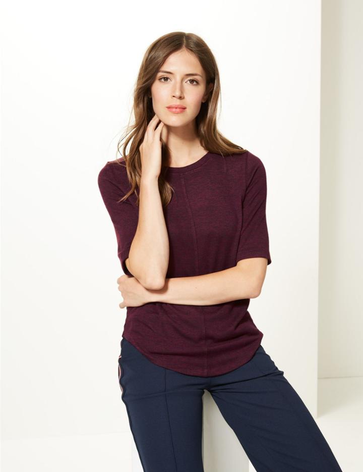Marks & Spencer Textured Round Neck Short Sleeve T-shirt Plum
