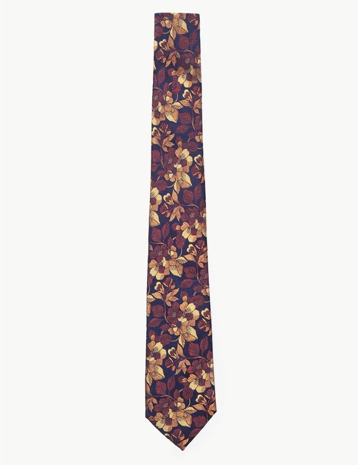 Marks & Spencer Silk Slim Floral Ombre Tie Gold Mix