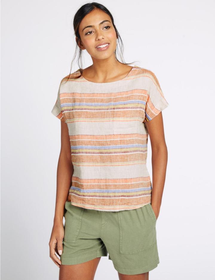 Marks & Spencer Pure Linen Striped Short Sleeve Shell Top Multi