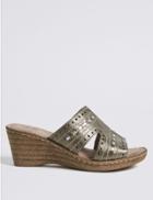 Marks & Spencer Wide Fit Leather Wedge Heel Mule Sandals Pewter