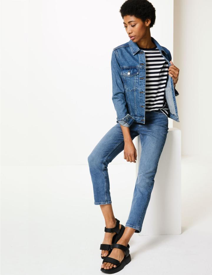 Marks & Spencer Mid Rise Cropped Relaxed Slim Jeans Medium Blue