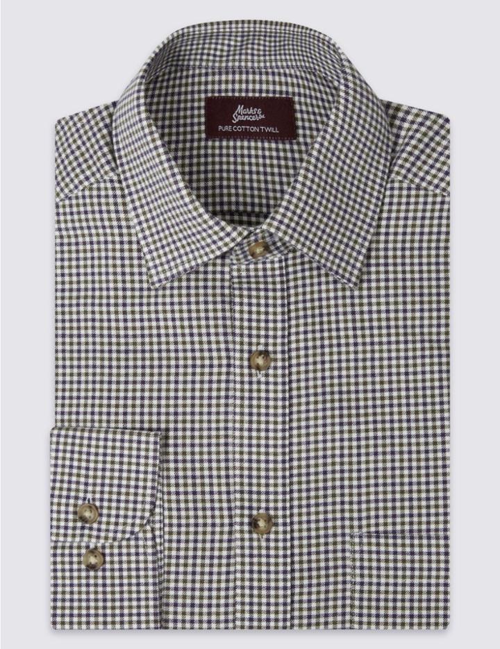 Marks & Spencer Pure Cotton Long Sleeve Gingham Shirt Green Mix