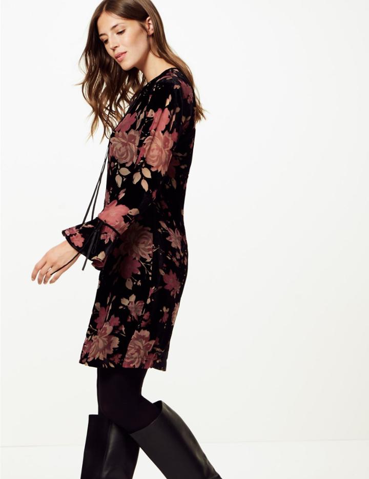 Marks & Spencer Floral Print Long Sleeve Swing Dress Plum Mix