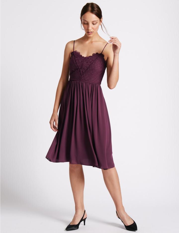 Marks & Spencer Floral Lace Gathered Hem Slip Midi Dress Blackcurrant