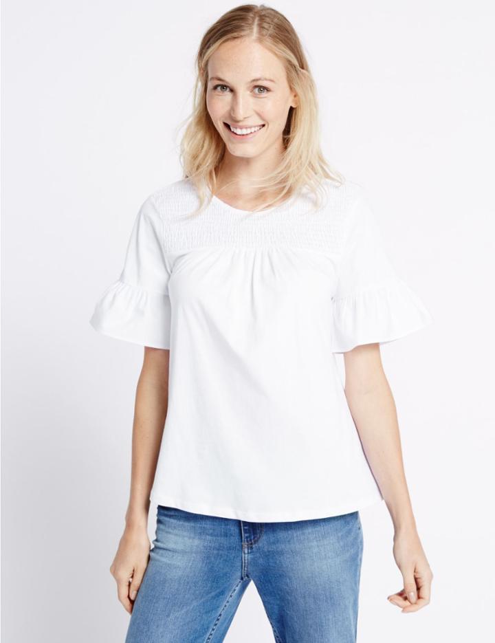 Marks & Spencer Pure Cotton Shirred Flare Sleeve T-shirt Soft White