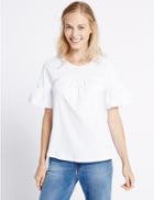 Marks & Spencer Pure Cotton Shirred Flare Sleeve T-shirt Soft White