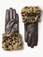 Marks & Spencer Leather Animal Print Faux Fur Gloves Chocolate Mix