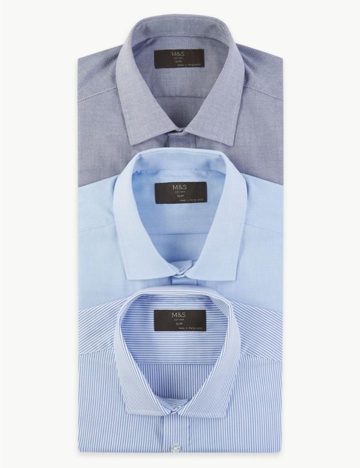 Marks & Spencer 3 Pack Cotton Blend Slim Fit Shirt Blue Mix