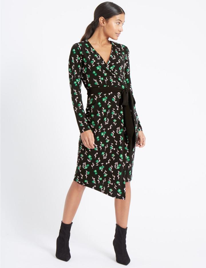 Marks & Spencer Printed Long Sleeve Wrap Dress Black Mix