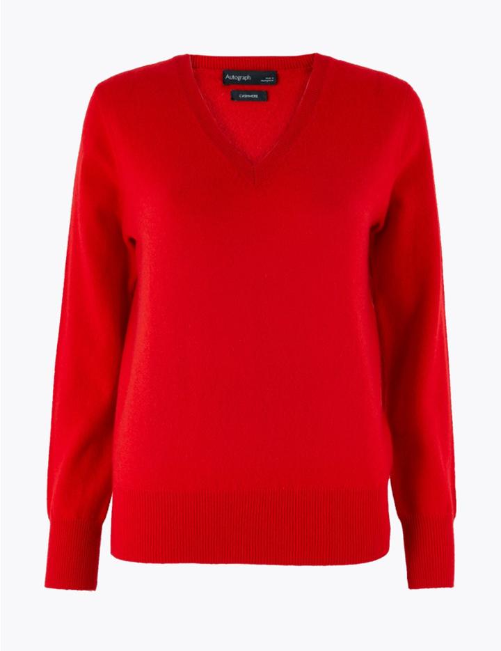 Marks & Spencer Pure Cashmere Relaxed V-neck Jumper Medium Red