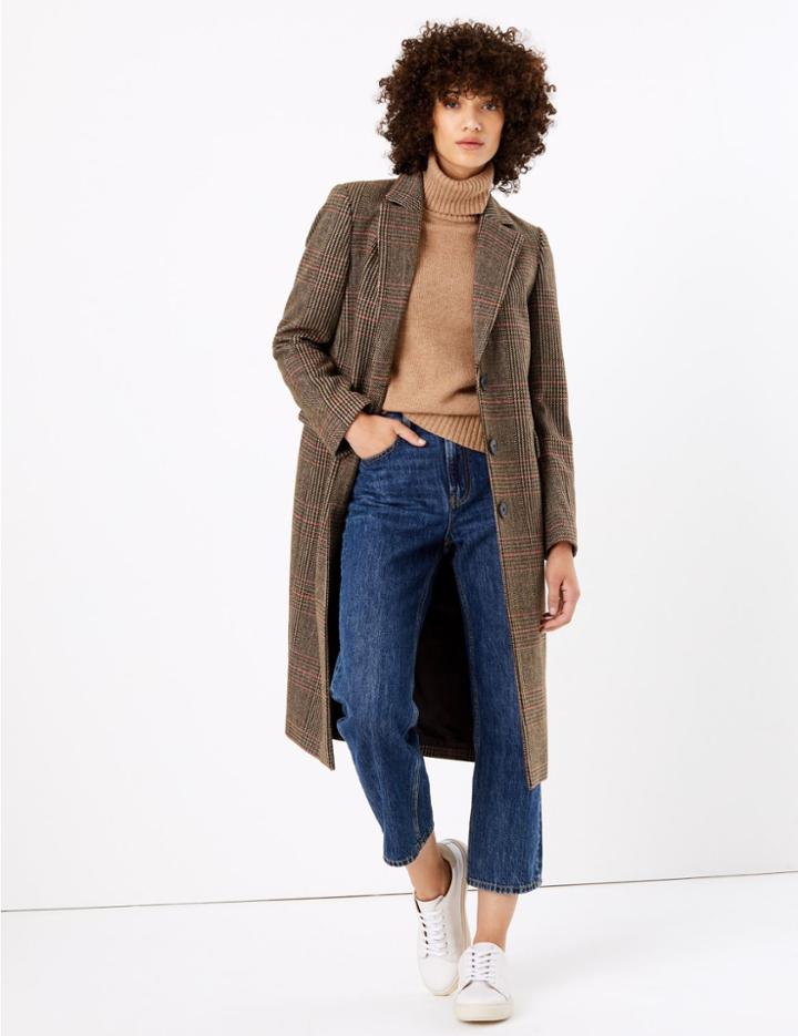 Marks & Spencer Checked Tailored Overcoat With Wool Brown Mix