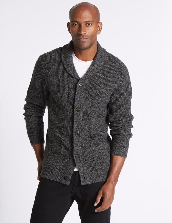 Marks & Spencer Lambswool Rich Textured Cardigan Grey Mix