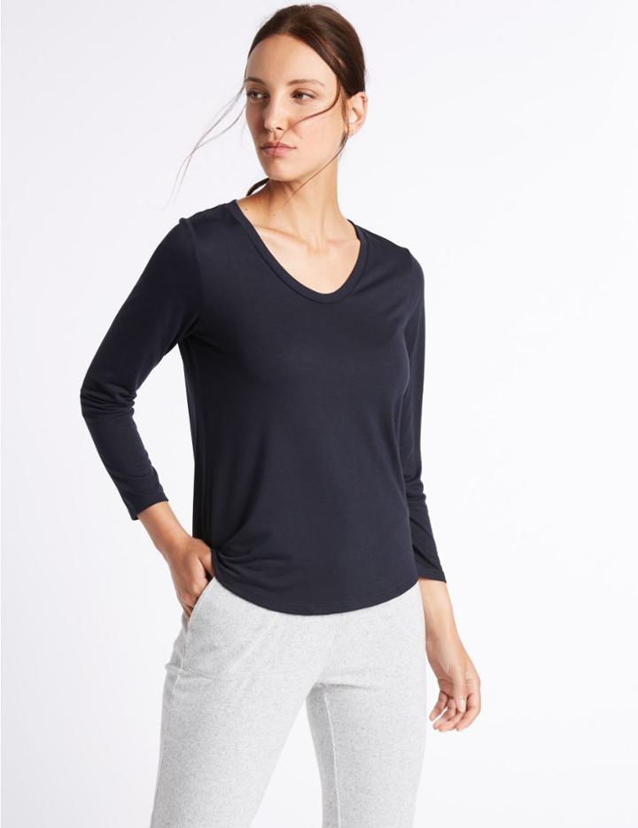 Marks & Spencer Scoop Neck 3/4 Sleeve T-shirt Navy