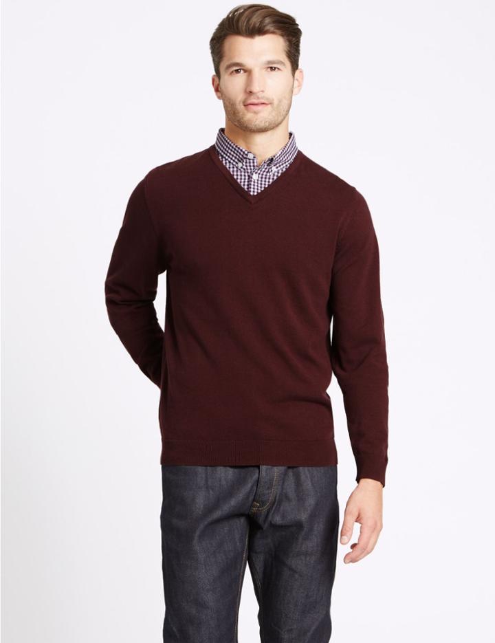 Marks & Spencer Pure Cotton Mock Shirt Jumper Burgundy