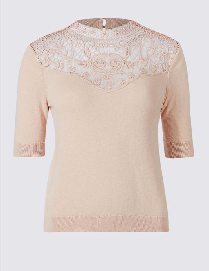 Marks & Spencer Cotton Blend Lace Crochet Round Neck Jumper Pink