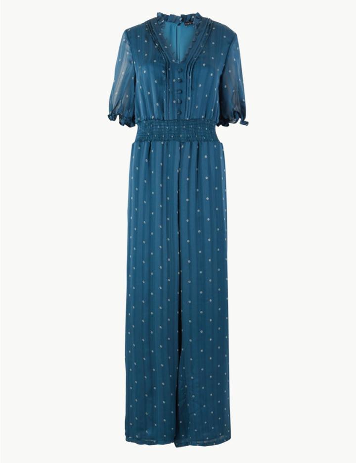 Marks & Spencer Floral Shirred Waist Jumpsuit Blue Mix