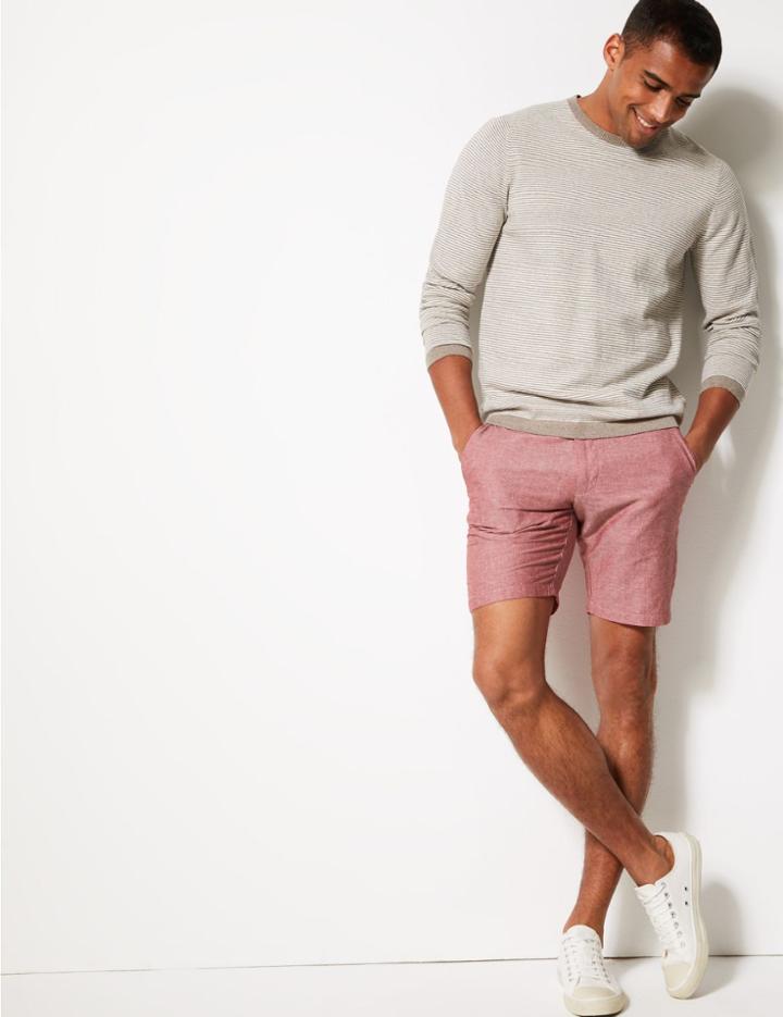 Marks & Spencer Linen Rich Striped Shorts Red Mix