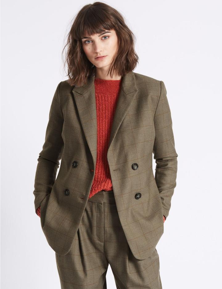 Marks & Spencer Checked Double Breasted Boyfriend Blazer Grey