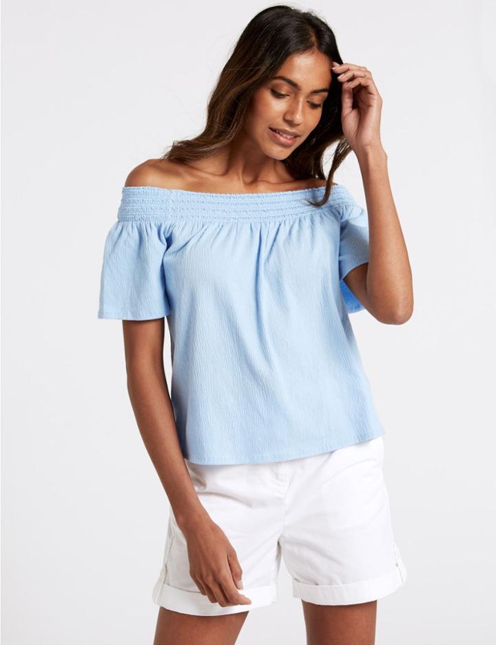Marks & Spencer Cotton Rich Short Sleeve Bardot Top Light Blue