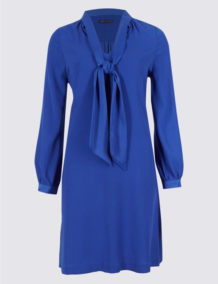 Marks & Spencer Petite Tie Neck Long Sleeve Swing Midi Dress Blue