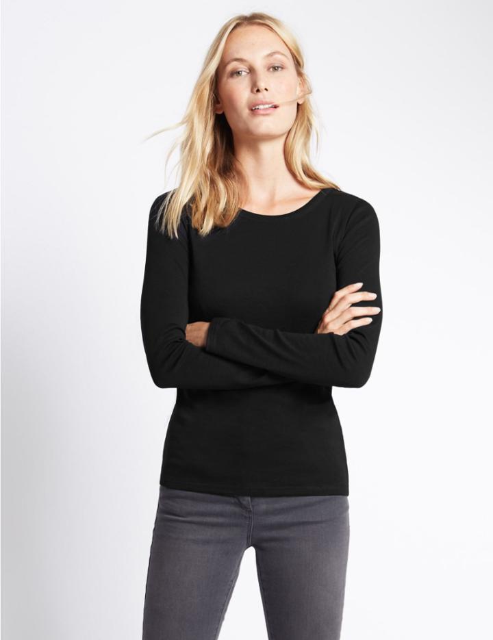 Marks & Spencer Pure Cotton Long Sleeve Regular Fit T-shirt Black