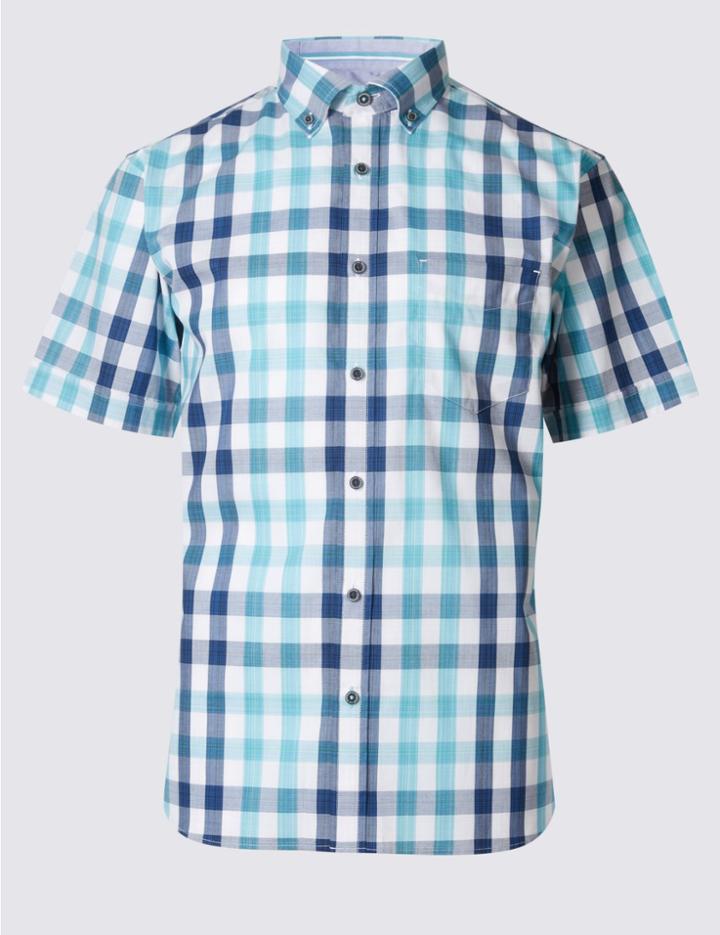 Marks & Spencer Pure Cotton Checked Shirt Soft Turquoise