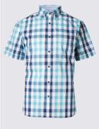 Marks & Spencer Pure Cotton Checked Shirt Soft Turquoise