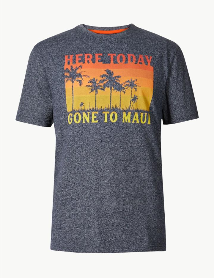 Marks & Spencer Cotton Blend Maui Print Crew Neck T-shirt Navy Mix
