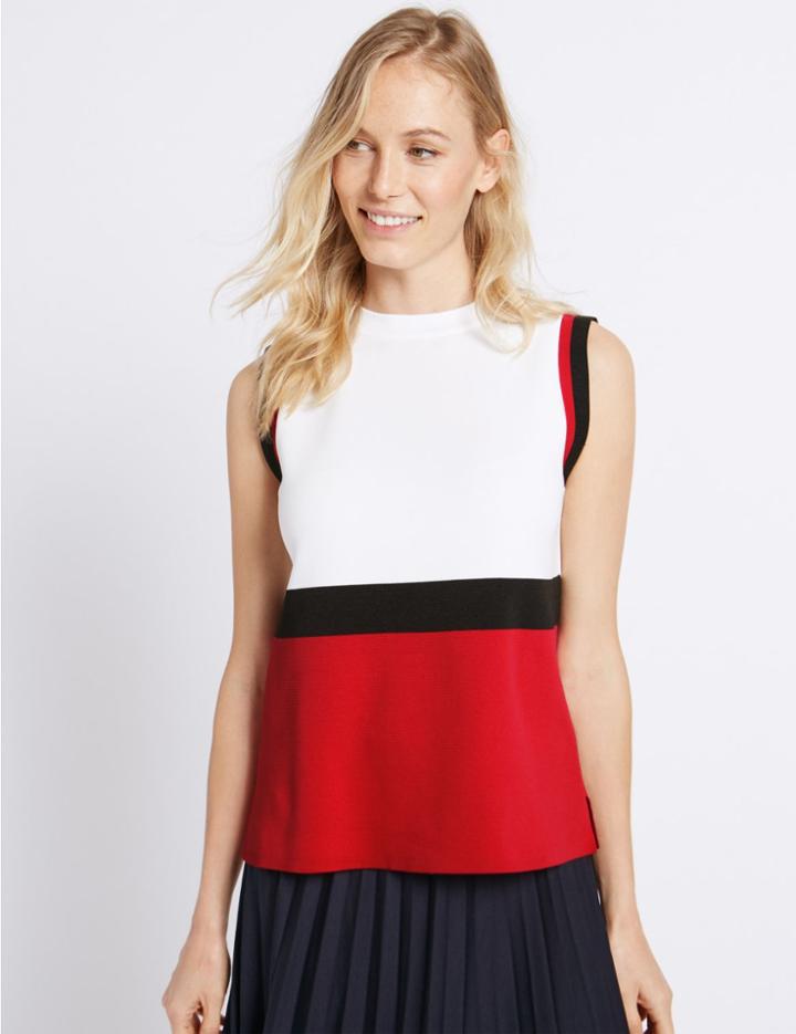 Marks & Spencer Colour Block Round Neck Sleeveless Jumper White Mix