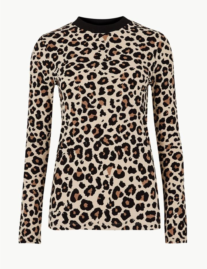 Marks & Spencer Animal Print Ribbed Long Sleeve Top Brown Mix