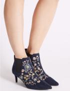 Marks & Spencer Kitten Heel Floral Embroidered Ankle Boots Navy Mix