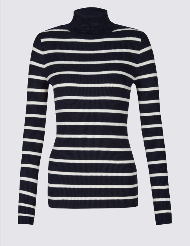 Marks & Spencer Striped Roll Neck Long Sleeve Jumper Navy Mix