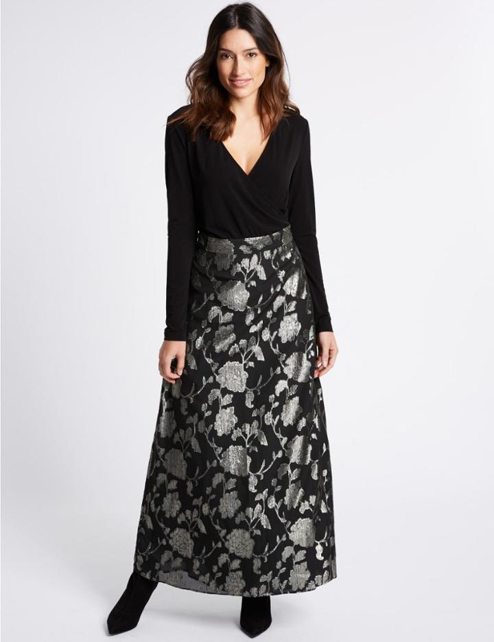 Marks & Spencer Jacquard Wrap Flock Skater Maxi Dress Black Mix