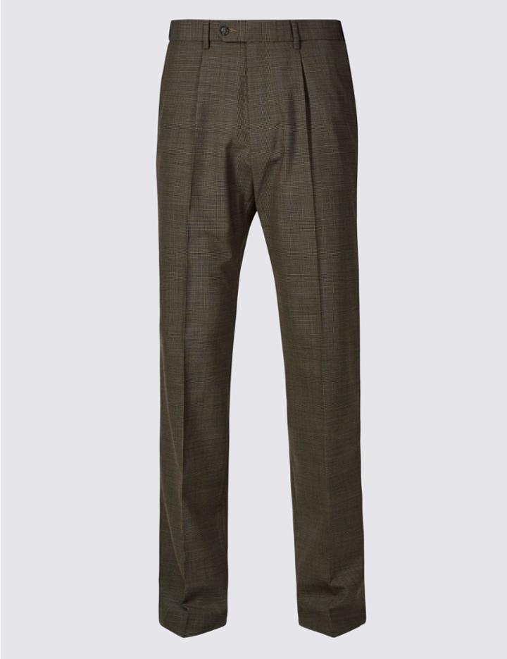 Marks & Spencer Supercrease&trade; Single Pleated Trousers With Wool Natural Mix