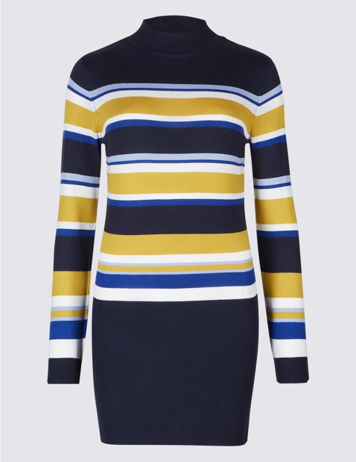 Marks & Spencer Striped Turtle Neck Longline Jumper Black Mix