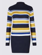 Marks & Spencer Striped Turtle Neck Longline Jumper Black Mix