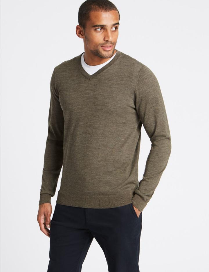 Marks & Spencer Pure Merino Wool V-neck Jumper Taupe